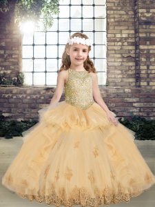 High Class Floor Length Champagne Little Girl Pageant Dress Straps Sleeveless Lace Up