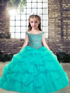 Fantastic Ball Gowns Pageant Gowns For Girls Aqua Blue Off The Shoulder Organza Sleeveless Floor Length Lace Up