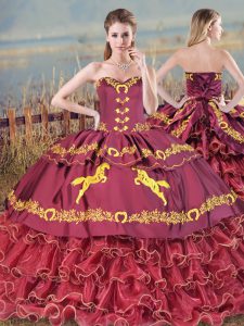 Burgundy Lace Up Sweet 16 Dress Embroidery and Ruffled Layers Sleeveless Brush Train