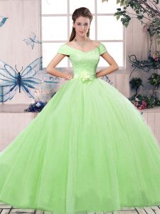Off The Shoulder Lace Up Lace and Hand Made Flower 15 Quinceanera Dress Short Sleeves