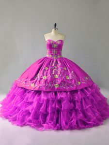 Custom Designed Purple Ball Gowns Embroidery and Ruffles Ball Gown Prom Dress Lace Up Organza Sleeveless Floor Length
