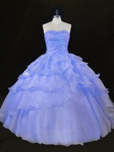 Latest Lavender Ball Gowns Organza Sweetheart Sleeveless Ruffles and Hand Made Flower Floor Length Lace Up Quinceanera Dress
