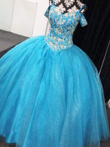 Colorful Baby Blue Tulle Lace Up Vestidos de Quinceanera Sleeveless Floor Length Beading