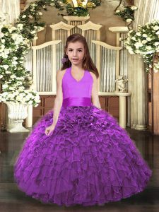Organza Halter Top Sleeveless Lace Up Ruffles Little Girls Pageant Gowns in Eggplant Purple and Purple