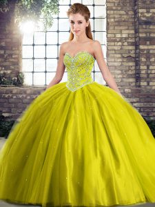 Sweetheart Sleeveless Quince Ball Gowns Brush Train Beading Olive Green Tulle