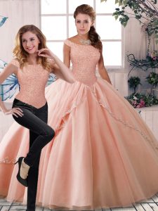Cheap Peach Tulle Lace Up Off The Shoulder Sleeveless Sweet 16 Quinceanera Dress Brush Train Beading