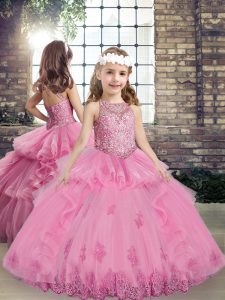 Sleeveless Floor Length Beading and Appliques Lace Up Kids Formal Wear with Lilac