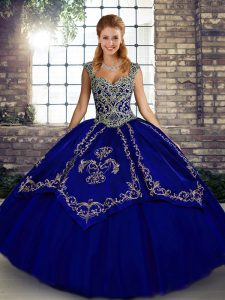 Custom Made Tulle Straps Sleeveless Lace Up Beading and Embroidery Vestidos de Quinceanera in Blue