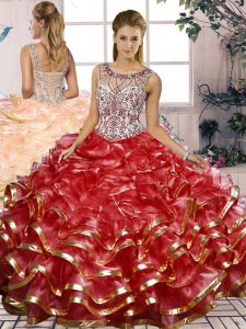 Adorable Floor Length Red Quinceanera Dresses Scoop Sleeveless Lace Up
