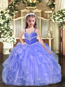 Lavender Organza Lace Up Straps Sleeveless Floor Length Pageant Dress Beading and Ruffles