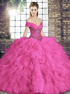 Sleeveless Tulle Floor Length Lace Up Quinceanera Gown in Hot Pink with Beading and Ruffles