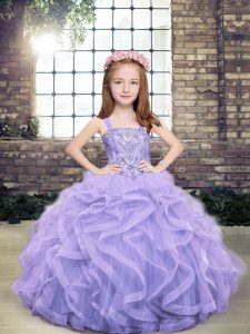 Straps Sleeveless Kids Formal Wear Floor Length Beading and Ruffles Lavender Tulle