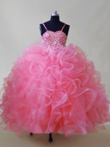 Sumptuous Pink Ball Gowns Tulle Spaghetti Straps Sleeveless Beading and Ruffles Floor Length Lace Up Pageant Gowns For Girls