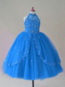 Perfect Floor Length Ball Gowns Sleeveless Blue Child Pageant Dress Lace Up