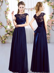 Cap Sleeves Chiffon Floor Length Zipper Dama Dress in Navy Blue with Lace and Belt