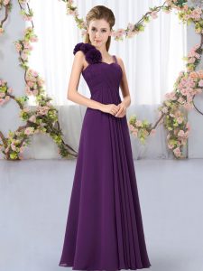 Shining Dark Purple Lace Up Quinceanera Dama Dress Hand Made Flower Sleeveless Floor Length