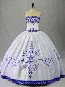 Blue And White Lace Up Strapless Embroidery Quinceanera Gown Satin Sleeveless