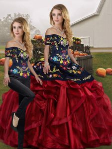 Floor Length Red And Black Quinceanera Dress Organza Sleeveless Embroidery and Ruffles