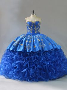 Royal Blue Lace Up Sweetheart Embroidery and Ruffles Sweet 16 Dress Fabric With Rolling Flowers Sleeveless
