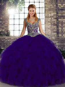 Extravagant Purple Sleeveless Beading and Ruffles Floor Length Ball Gown Prom Dress