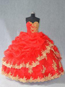 Eye-catching Red Organza Lace Up Vestidos de Quinceanera Sleeveless Floor Length Lace and Appliques and Pick Ups