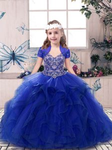Tulle Sleeveless Floor Length Little Girl Pageant Dress and Beading and Ruffles
