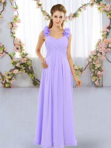 Lovely Straps Sleeveless Quinceanera Dama Dress Floor Length Hand Made Flower Lavender Chiffon