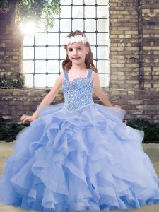 Superior Floor Length Lavender Girls Pageant Dresses Straps Sleeveless Lace Up