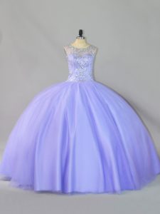 Comfortable Lavender Ball Gowns Tulle Scoop Sleeveless Sequins Floor Length Zipper Quince Ball Gowns