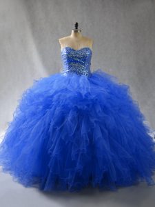 Delicate Royal Blue Sleeveless Floor Length Beading and Ruffles Lace Up Quince Ball Gowns