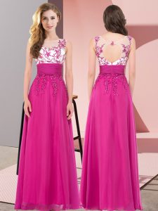 Fuchsia Chiffon Backless Scoop Sleeveless Floor Length Court Dresses for Sweet 16 Appliques