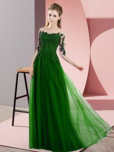Half Sleeves Floor Length Beading and Lace Lace Up Quinceanera Court of Honor Dress with Green