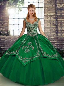 Exquisite Green Ball Gowns Tulle Straps Sleeveless Beading and Embroidery Floor Length Lace Up Vestidos de Quinceanera