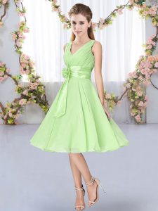 Yellow Green Chiffon Lace Up V-neck Sleeveless Knee Length Quinceanera Court Dresses Hand Made Flower