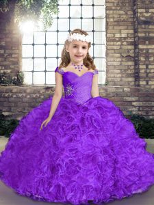 Charming Sleeveless Floor Length Beading Lace Up Girls Pageant Dresses with Purple