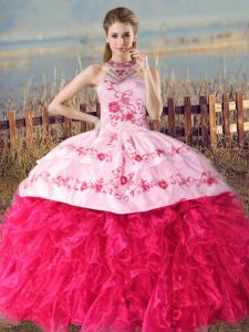 Flare Hot Pink Sleeveless Embroidery and Ruffles Lace Up Ball Gown Prom Dress
