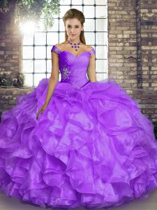 Floor Length Lavender Sweet 16 Dress Off The Shoulder Sleeveless Lace Up