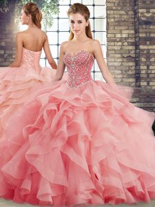 Extravagant Sweetheart Sleeveless Quinceanera Dress Brush Train Beading and Ruffles Watermelon Red Tulle