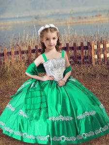 Satin Sleeveless Floor Length Little Girls Pageant Dress and Beading and Embroidery