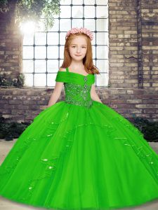 Beading Kids Pageant Dress Green Lace Up Sleeveless Floor Length
