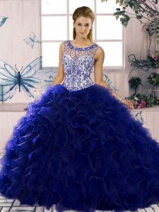 Inexpensive Purple Sleeveless Floor Length Beading and Ruffles Lace Up Quinceanera Dress