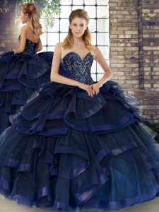 Superior Sleeveless Tulle Floor Length Lace Up Quinceanera Gowns in Navy Blue with Beading and Ruffles