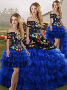 Sophisticated Off The Shoulder Sleeveless Lace Up Sweet 16 Quinceanera Dress Blue And Black Organza