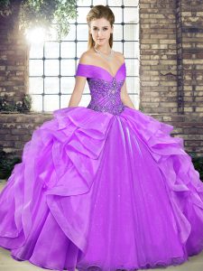 Excellent Lavender Ball Gowns Off The Shoulder Sleeveless Organza Floor Length Lace Up Beading and Ruffles Quinceanera Dresses