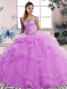 Floor Length Lilac Quinceanera Dresses Off The Shoulder Sleeveless Lace Up