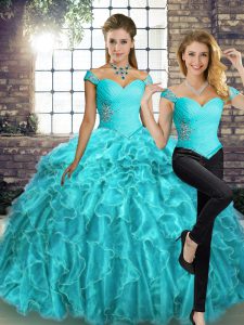 Luxury Aqua Blue 15th Birthday Dress Military Ball and Sweet 16 and Quinceanera with Beading and Ruffles Off The Shoulder Sleeveless Brush Train Lace Up