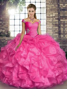 Hot Pink Sleeveless Organza Lace Up 15th Birthday Dress for Military Ball and Sweet 16 and Quinceanera