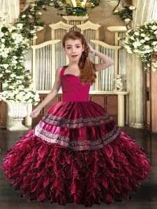 Hot Pink and Fuchsia Ball Gowns Organza Straps Sleeveless Appliques and Ruffles Floor Length Lace Up Glitz Pageant Dress