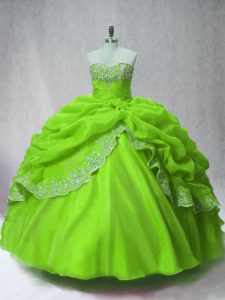 Ideal Sweetheart Long Sleeves 15 Quinceanera Dress Floor Length Beading and Appliques and Pick Ups Green Organza