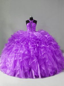 Organza Halter Top Sleeveless Brush Train Zipper Beading and Ruffles Quinceanera Gowns in Purple